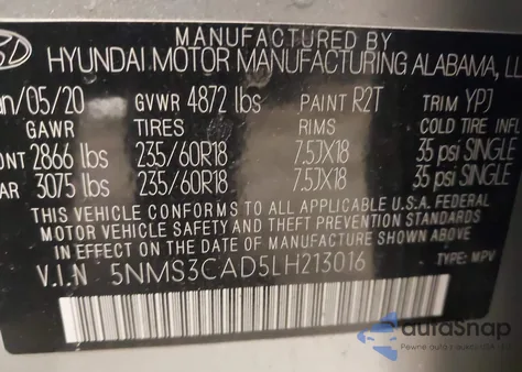 2020 Hyundai Santa Fe Sel из США, поврежденный, VIN 5NMS3CAD5LH213016